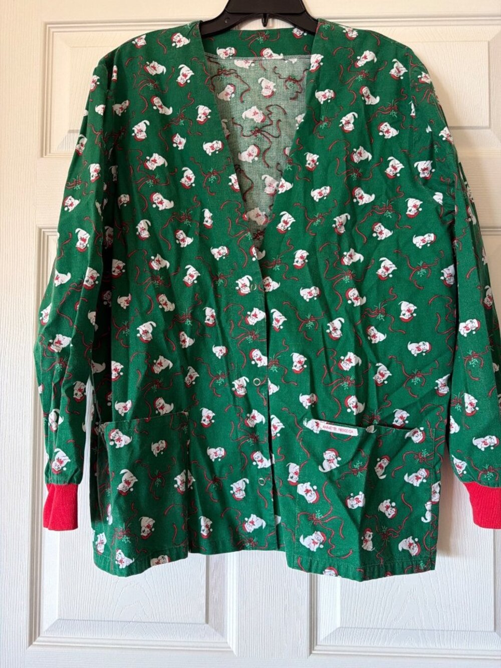 Vintage Green Christmas-Themed Cardigan With Santa Claus Print & Red Cuffs Long